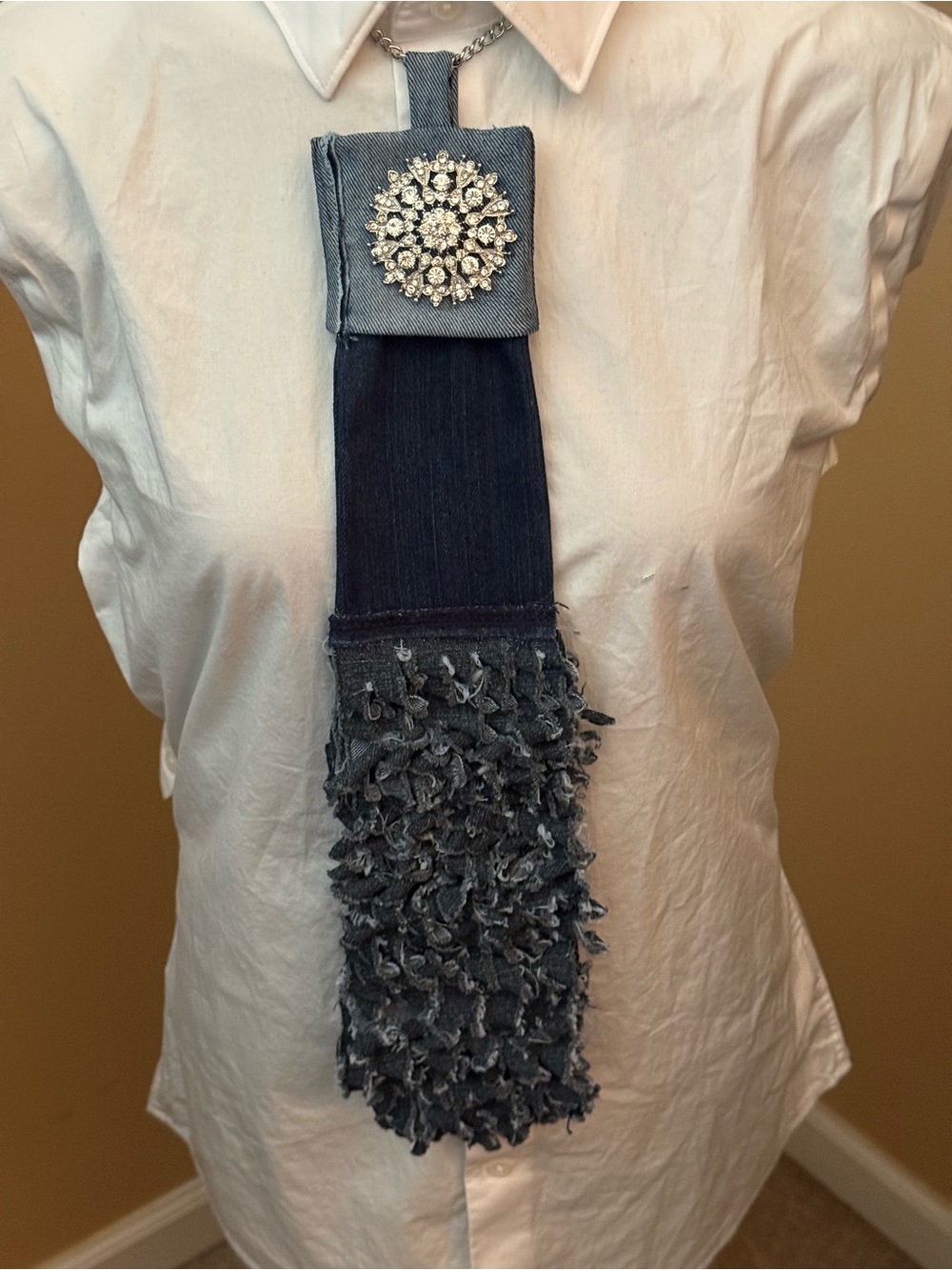 Denim Statement Tie Necklace with Rhinestone Brooch - Blue